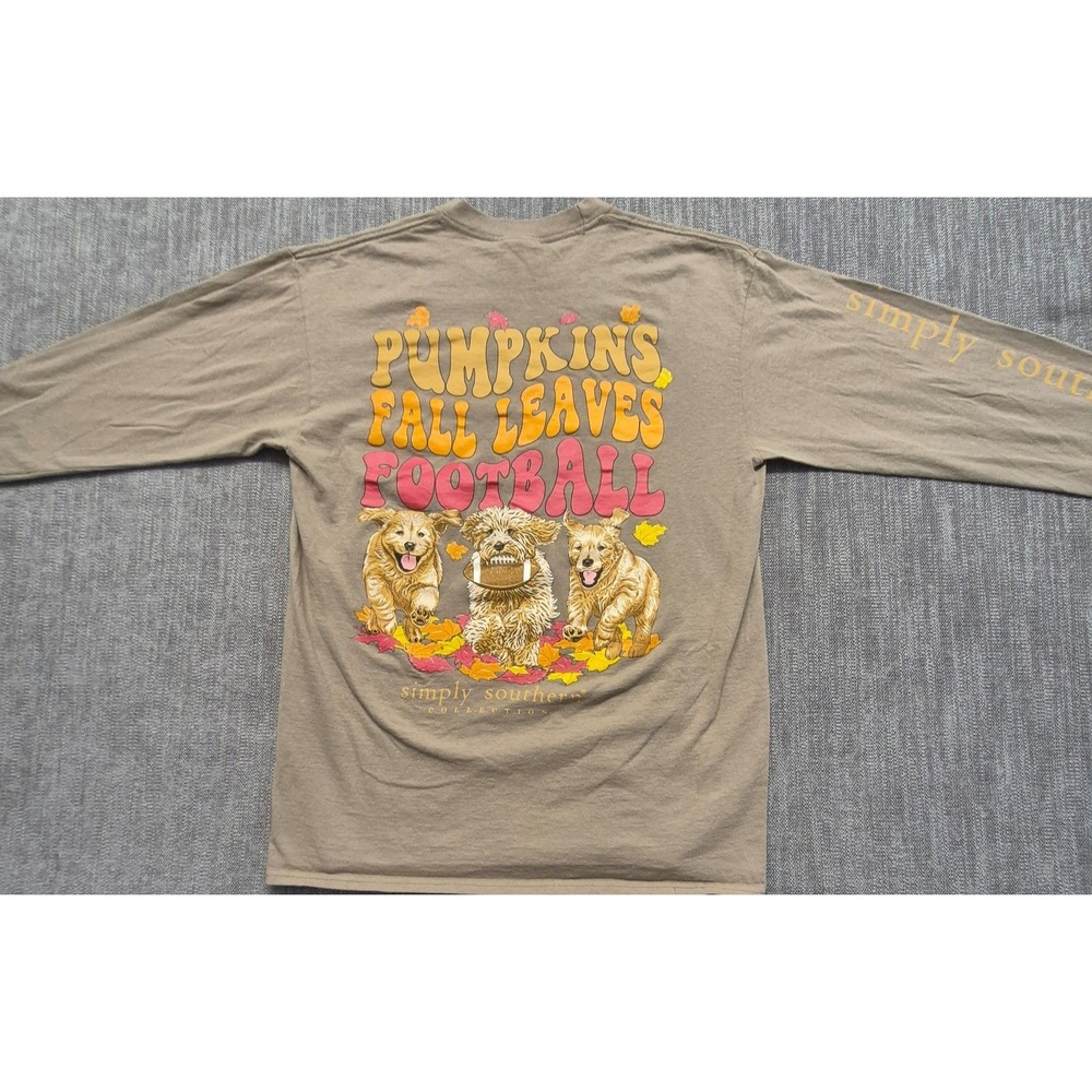 Simply Southern women's tan long sleeve graphic t-shirt Med. football/dogs/fall